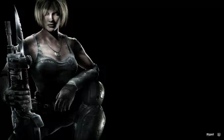 HD PC desktop wallpaper featuring a female soldier from the video game Gears of War 3, holding a large weapon against a dark background.