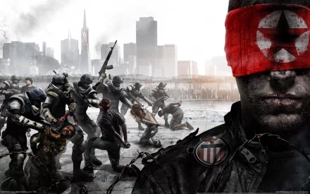 HD PC desktop wallpaper from the video game Homefront, depicting armed fighters advancing through a city with a soldier in the foreground wearing a red blindfold featuring a star emblem.