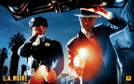 HD PC desktop wallpaper featuring characters from the video game L.A. Noire, showcasing a detective and a police officer with flashlights in a noir-style cityscape at night.