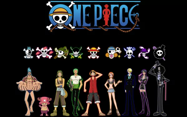 HD desktop wallpaper featuring characters from the anime One Piece, with the One Piece logo and character symbols above them.