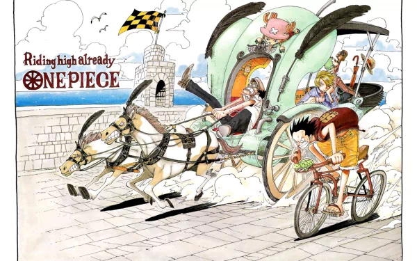 A vibrant HD wallpaper featuring characters from One Piece riding in a whimsical carriage, with dynamic action and a playful scene set against a bright background.