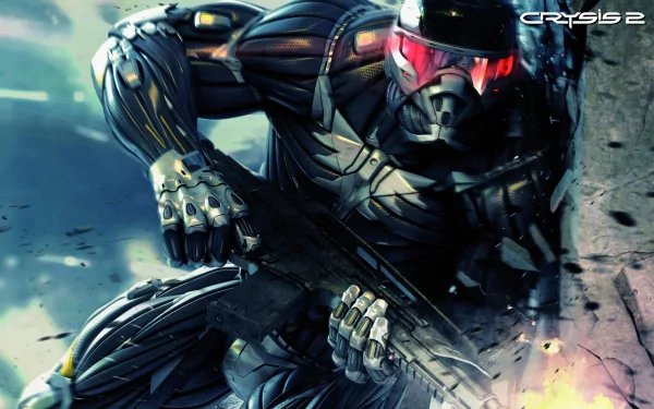 A dynamic scene from Crysis 2, featuring a futuristic soldier in a high-tech suit, poised for action with a weapon, set against a vibrant, explosive backdrop. HD PC desktop wallpaper.