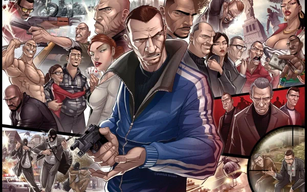 Detailed HD desktop wallpaper featuring characters from Grand Theft Auto IV, showcasing action-packed scenes and intense moments from the game.