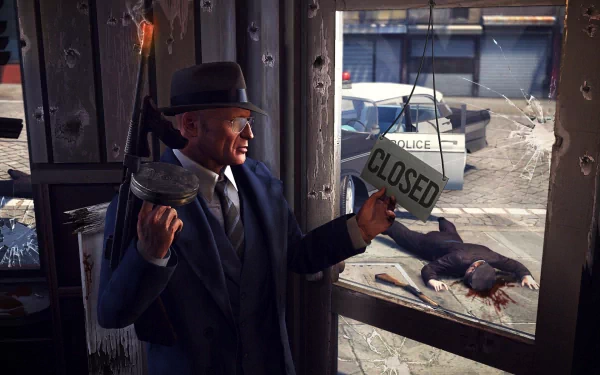 HD desktop wallpaper of Mafia II game, depicting a man holding a tommy gun and a closed sign, standing in front of a shot-up storefront with a dead body and police car outside.
