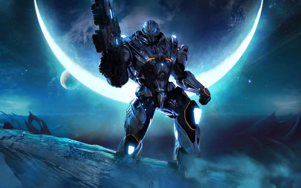 HD PC desktop wallpaper featuring a futuristic armored soldier from the video game Section 8, standing on a rocky terrain with a large glowing planet in the background.
