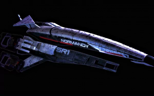 HD PC desktop wallpaper featuring the Normandy SR-1 spaceship from the Mass Effect video game series against a black background.