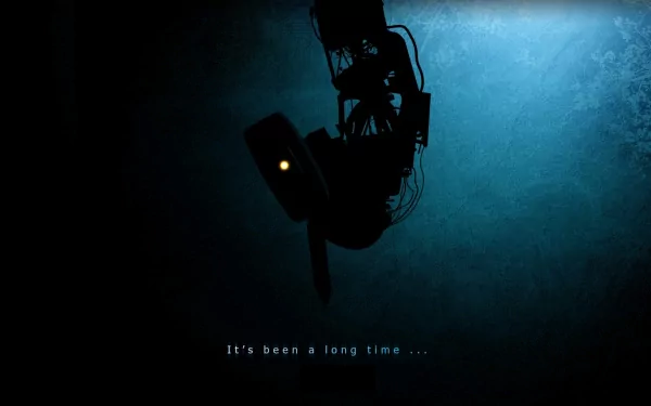 HD PC desktop wallpaper featuring a dark, atmospheric scene from the video game Portal 2, with a robotic figure illuminated against a blue background and the text It's been a long time....