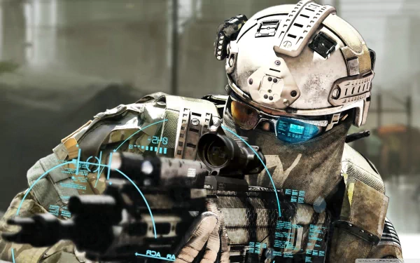 HD PC desktop wallpaper featuring a tactical soldier from the video game Tom Clancy's Ghost Recon: Future Soldier, equipped with advanced combat gear and digital HUD elements.