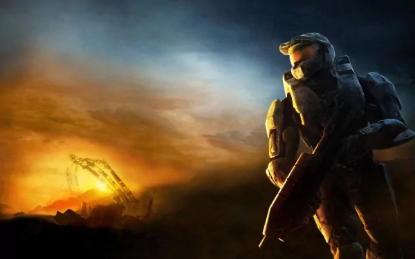 A dramatic HD wallpaper featuring a character from the video game Halo 3, set against a striking backdrop of fiery skies and distant structures, capturing the game's epic essence.