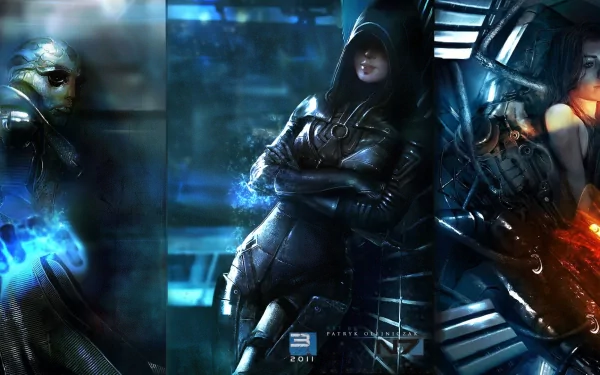 HD PC desktop wallpaper featuring Miranda Lawson, Kasumi Goto, and Thane Krios from the video game Mass Effect 2 in a dynamic, futuristic setting.