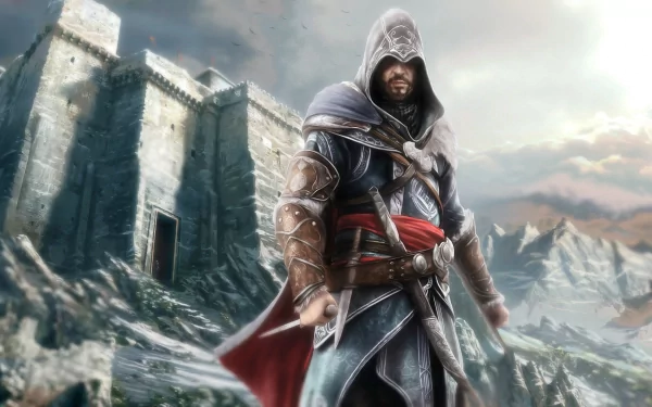 HD PC desktop wallpaper featuring the protagonist from Assassin's Creed: Revelations standing in front of an ancient fortress with snowy mountains in the background.