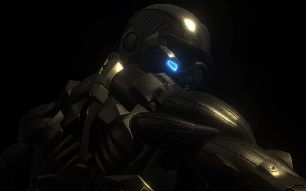 HD PC desktop wallpaper from the video game Crysis 2, featuring a futuristic armored soldier with glowing blue visor lighting in a dark setting.