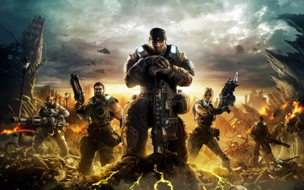 A dramatic HD wallpaper featuring characters from Gears Of War 3, showcasing a gritty, action-packed scene amidst a post-apocalyptic backdrop with intense lighting.