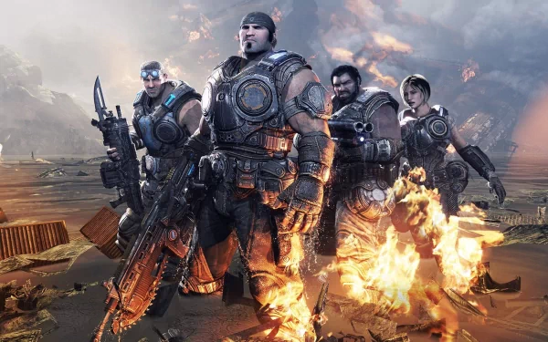 HD PC desktop wallpaper featuring armored soldiers from the video game Gears of War 3 standing amid fiery battlefield destruction.