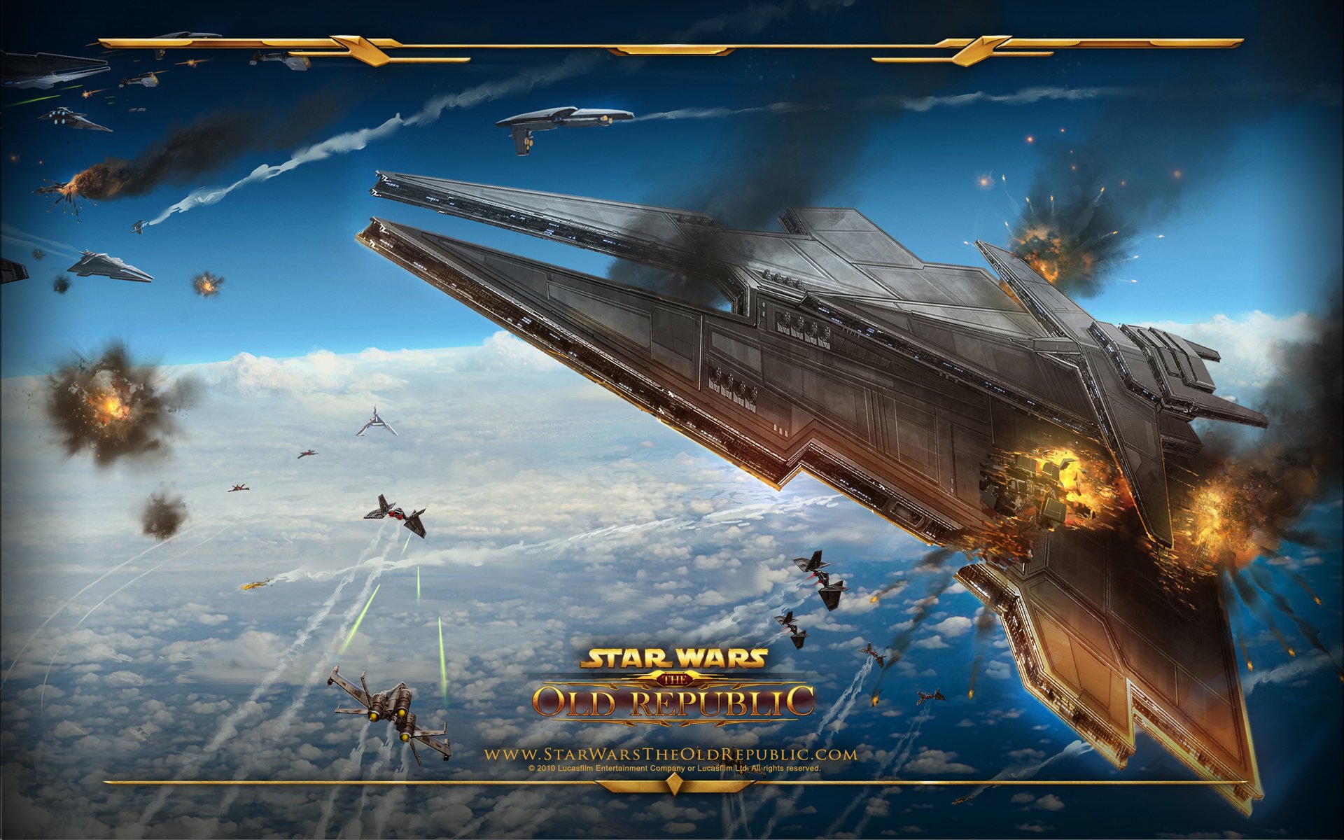 HD PC desktop wallpaper featuring a space battle from the video game Star Wars: The Old Republic with exploding starships and starfighters in a dynamic sci-fi scene.