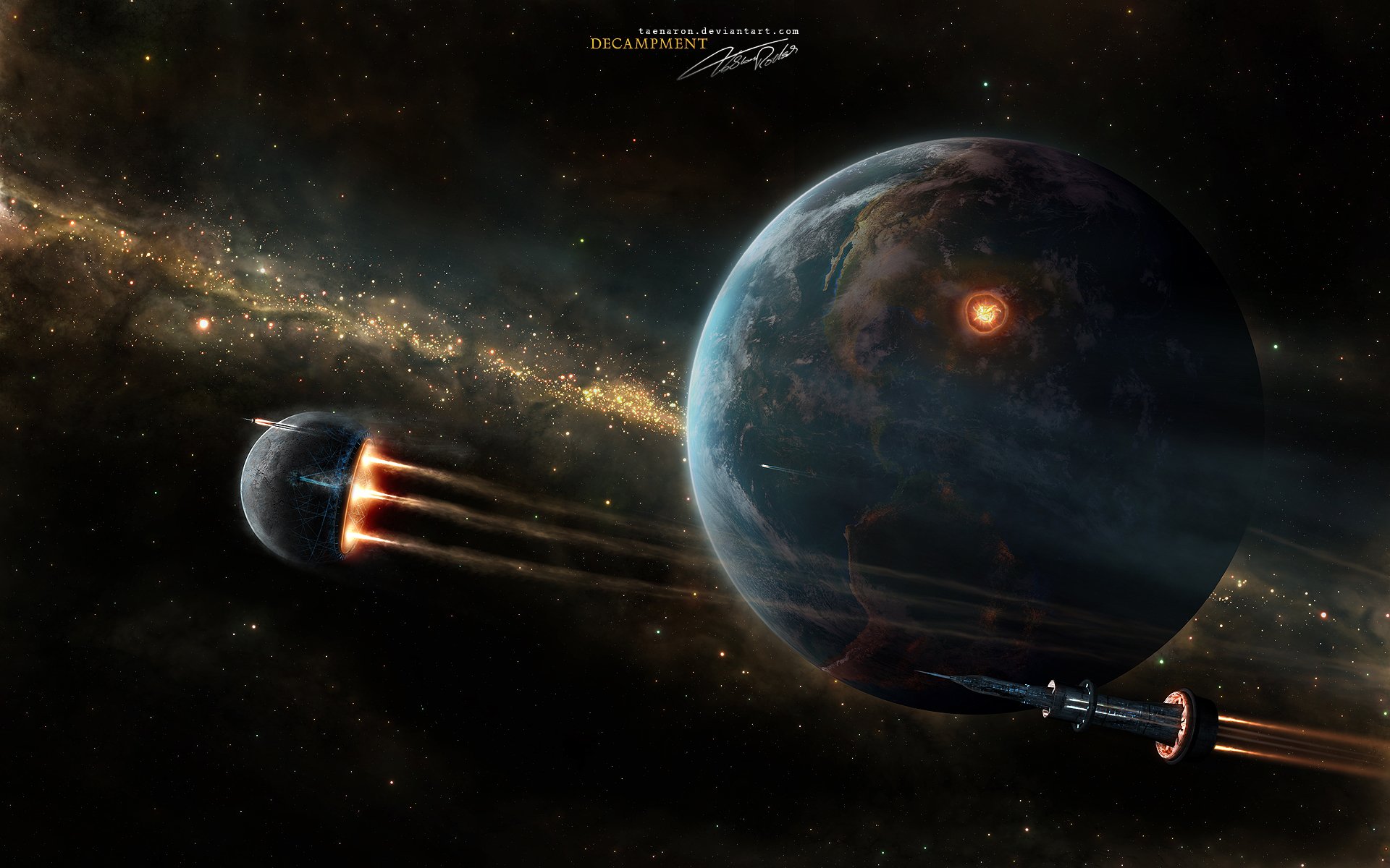 HD sci-fi space wallpaper depicting a glowing planet orbited by a smaller celestial body and a nearby spaceship traveling through a star-filled galaxy.