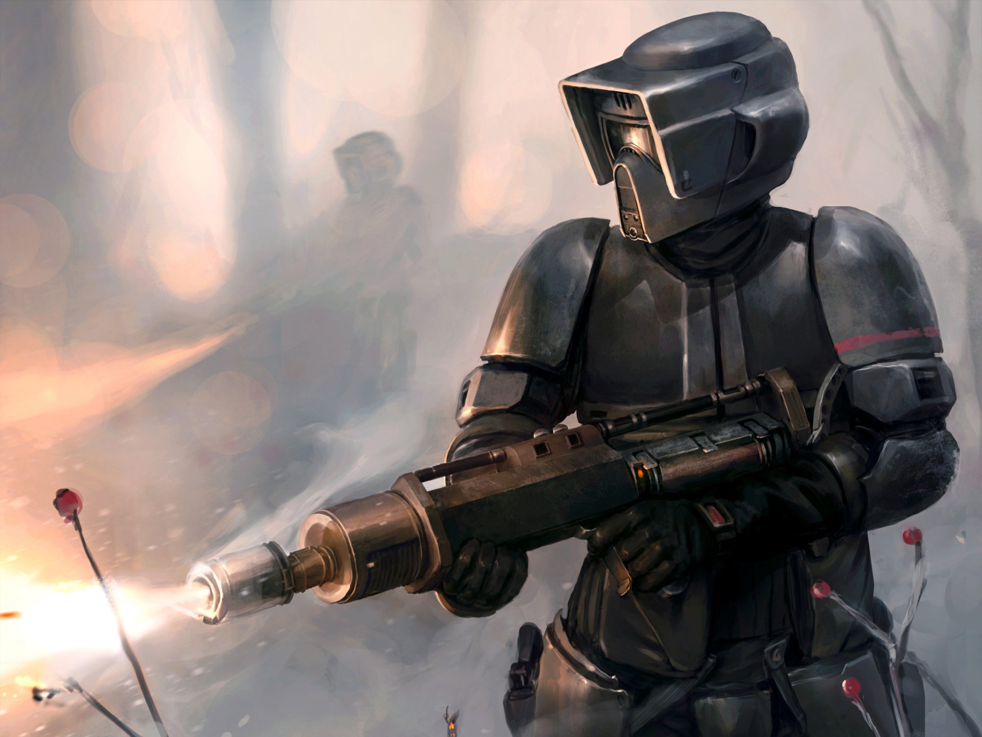 A dramatic HD desktop wallpaper featuring a sci-fi Star Wars scene, showcasing a soldier in dark armor wielding a futuristic weapon amidst a misty battlefield.