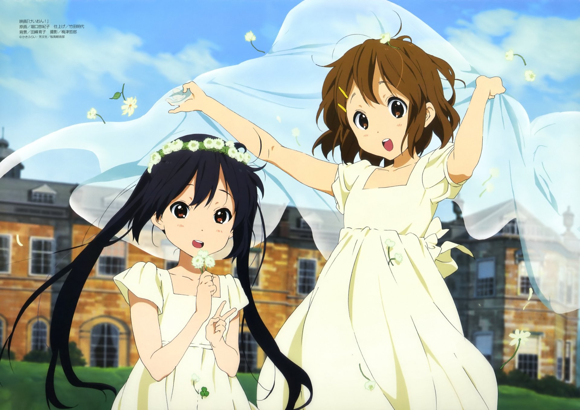 Two cheerful anime characters from K-ON! wear white dresses, surrounded by flowing fabric and flowers against a vibrant background, showcasing a joyful atmosphere in this 4K Ultra HD wallpaper.