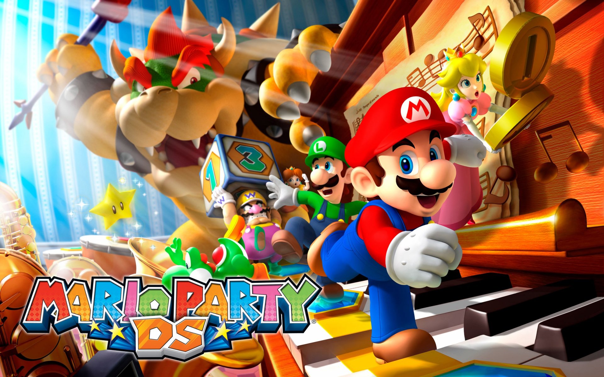 HD PC desktop wallpaper featuring characters from the video game Mario Party DS, showcasing Mario, Luigi, Bowser, and others in a vibrant, action-packed scene.