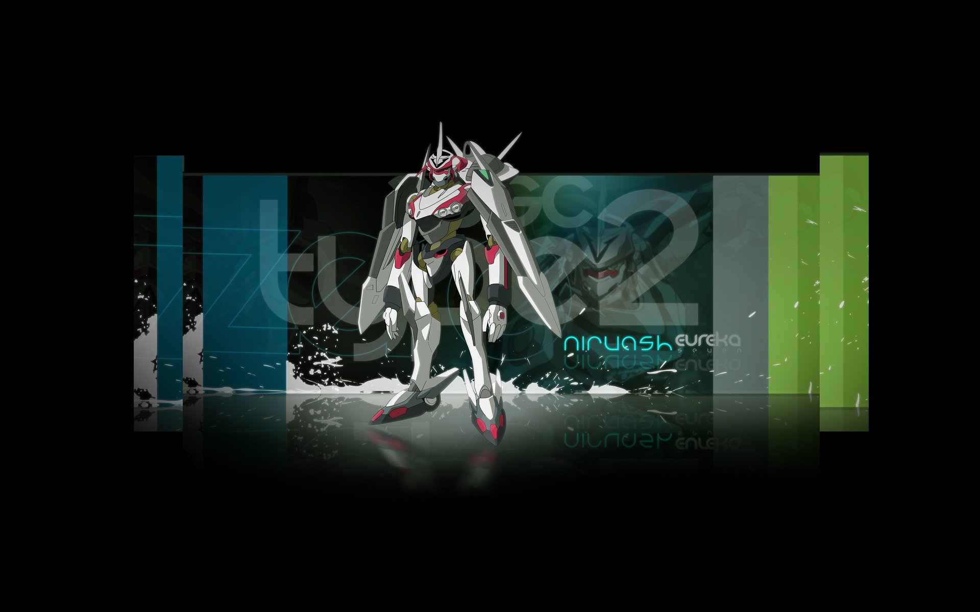 HD PC desktop wallpaper featuring a sleek, futuristic mecha from the anime Eureka Seven against a dark backdrop with colorful vertical bars.