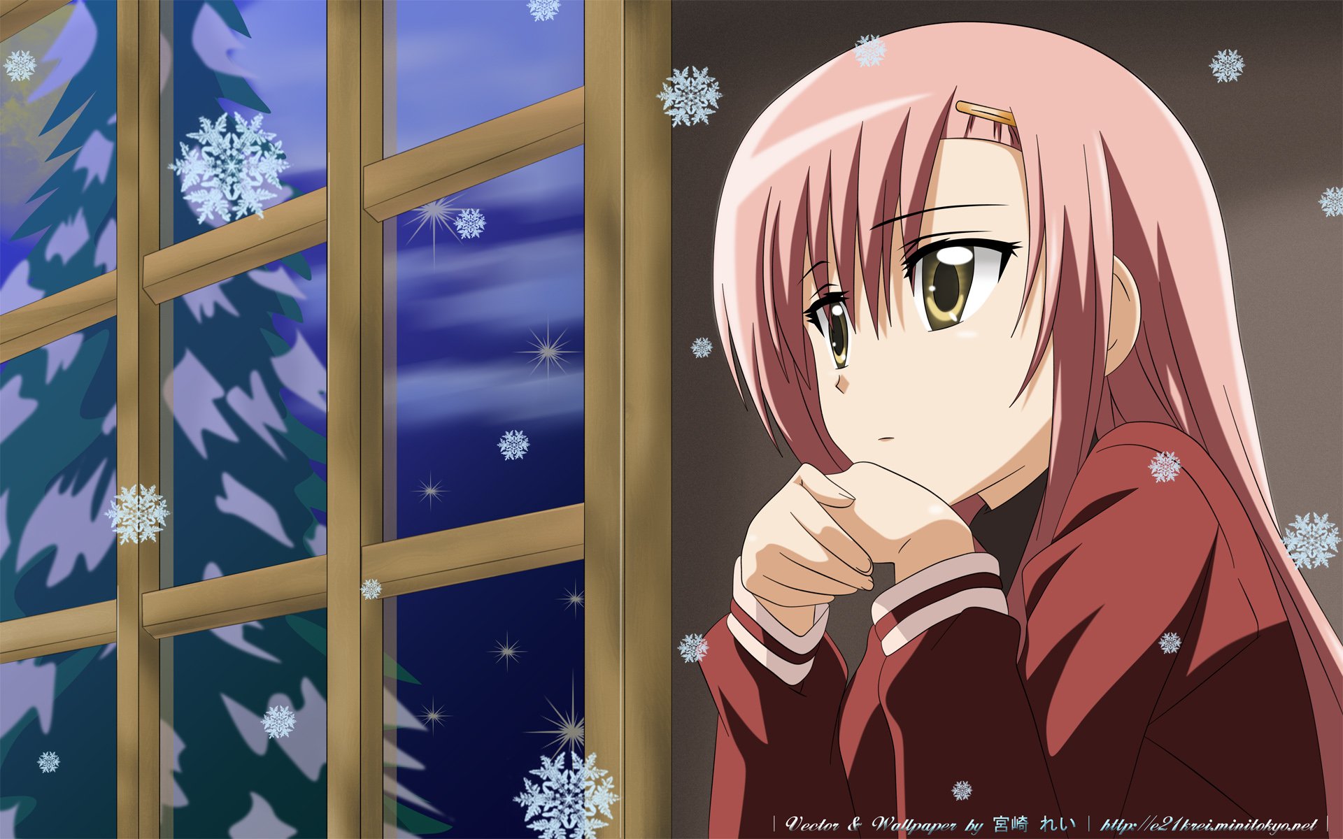 Anime HD PC desktop wallpaper from Hayate the Combat Butler featuring a pink-haired girl gazing out a snowy window, snowflakes falling against a night sky.