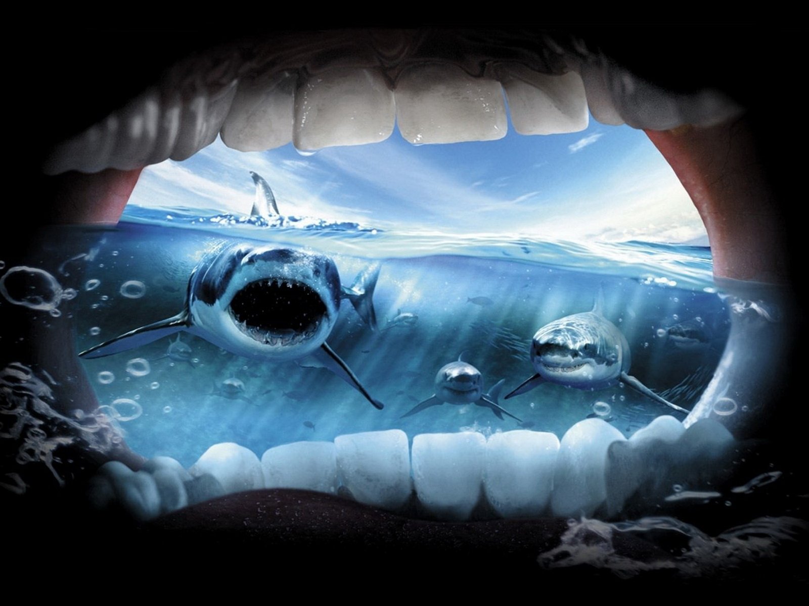 A humorous HD PC desktop wallpaper featuring an open mouth with a view of sharks swimming underwater, creating a playful and surreal visual experience.