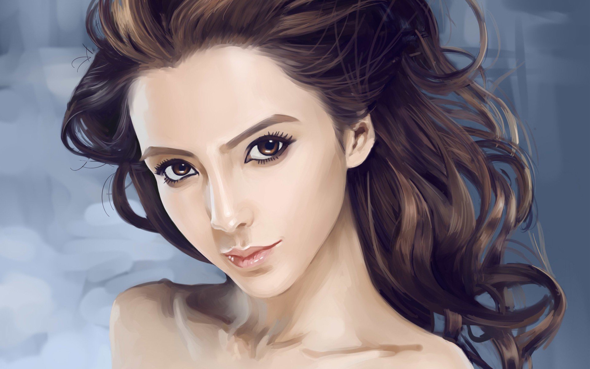 Artistic HD desktop wallpaper featuring a woman with flowing hair and captivating features, set against a soft, blurred background.
