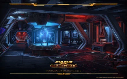 HD PC desktop wallpaper from the video game Star Wars: The Old Republic, depicting a futuristic command room with holographic technology and sci-fi interior details.