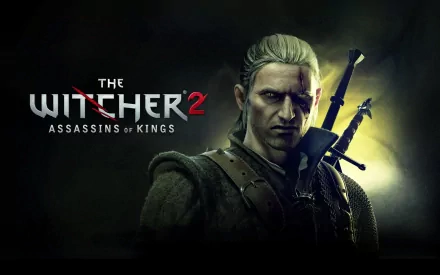 HD PC desktop wallpaper for the video game The Witcher 2: Assassins of Kings — Geralt of Rivia in moody light with swords on his back and the game logo.