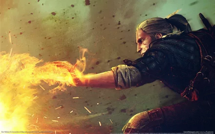 HD PC desktop wallpaper featuring Geralt of Rivia casting a fiery spell from the video game The Witcher 2: Assassins of Kings.