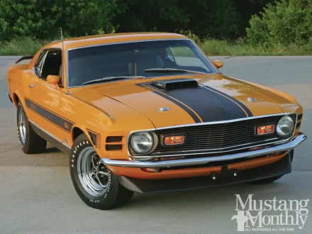 Orange Ford Mustang Boss 429 fastback muscle car with black racing stripe, photographed as an HD PC desktop wallpaper background.