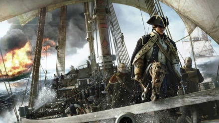 A dynamic HD wallpaper from Assassin's Creed III, featuring a protagonist on a ship amidst dramatic ocean waves and a backdrop of smoke and fire, embodying adventure and intensity.