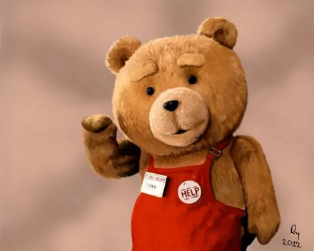 HD PC desktop wallpaper of Ted (movie character) — the brown teddy bear from the film in red overalls with a HELP pin, waving against a soft beige background.