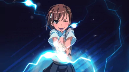 HD PC desktop wallpaper featuring an anime character from A Certain Scientific Railgun, generating blue electric sparks with a confident pose against a dark, starry background.