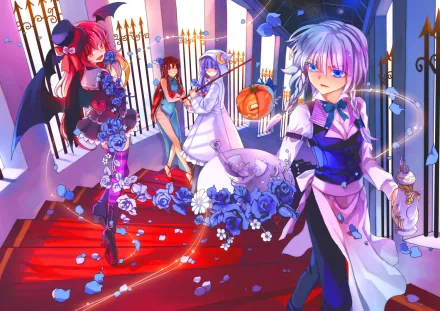 HD Touhou anime wallpaper showing Patchouli Knowledge, Koakuma, Hong Meiling and Sakuya Izayoi in a rose-strewn, candlelit stair hall.