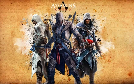 HD desktop wallpaper featuring Altair, Ezio, and Connor from Assassin's Creed, set against a textured background with the Assassin's Creed logo at the top.