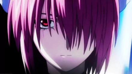 HD desktop wallpaper featuring Lucy from the anime Elfen Lied, showcasing her with pink hair and a serious expression.