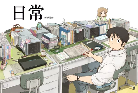 HD PC desktop wallpaper featuring anime characters from Nichijō by Manabu Takasaki, showcasing a detailed office desk scene with two characters in a casual setting.