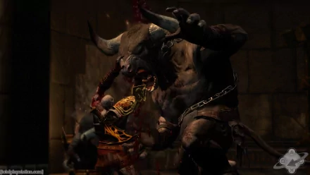 An HD wallpaper of God of War III depicting an intense battle between the warrior Kratos and a monstrous creature in a dark, dungeon-like setting.