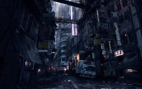 Dark, rain-soaked cyberpunk cityscape from the video game Syndicate, featuring towering futuristic buildings and neon lights in an HD PC desktop wallpaper.