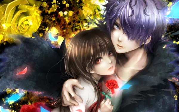HD PC desktop wallpaper featuring two anime-style video game characters in an embrace, surrounded by glowing roses and dark, mystical shadows.