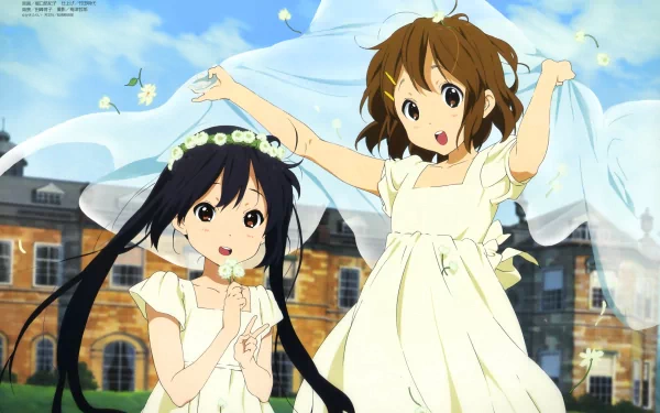 Two cheerful anime characters from K-ON! wear white dresses, surrounded by flowing fabric and flowers against a vibrant background, showcasing a joyful atmosphere in this 4K Ultra HD wallpaper.