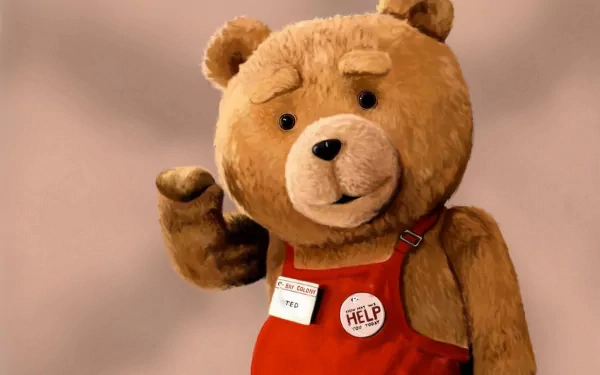 HD PC desktop wallpaper of Ted (movie character) — the brown teddy bear from the film in red overalls with a HELP pin, waving against a soft beige background.