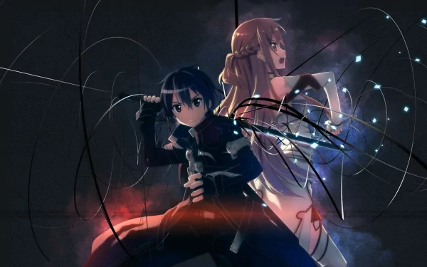 HD desktop wallpaper featuring Asuna Yuuki and Kirito from Sword Art Online. Both characters stand back-to-back holding swords, ready for battle, with Kirito in a dark coat and Asuna with long, braided hair.