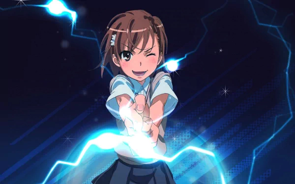 HD PC desktop wallpaper featuring an anime character from A Certain Scientific Railgun, generating blue electric sparks with a confident pose against a dark, starry background.