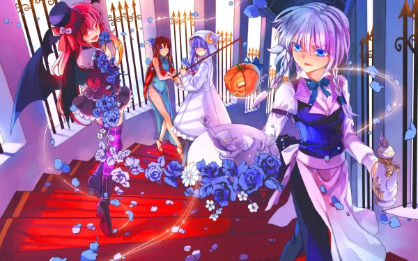 HD Touhou anime wallpaper showing Patchouli Knowledge, Koakuma, Hong Meiling and Sakuya Izayoi in a rose-strewn, candlelit stair hall.