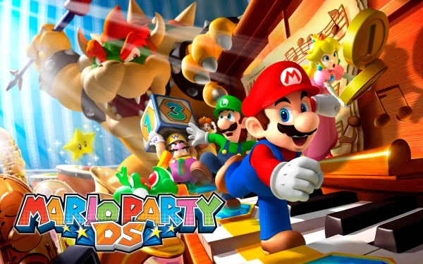 HD PC desktop wallpaper featuring characters from the video game Mario Party DS, showcasing Mario, Luigi, Bowser, and others in a vibrant, action-packed scene.