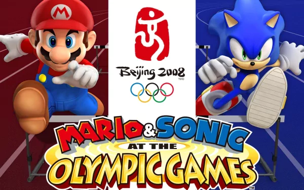 HD PC desktop wallpaper featuring Mario and Sonic in an action pose from the video game Mario & Sonic at the Olympic Games, with the Beijing 2008 Olympic logo in the center.