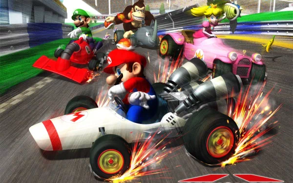 HD PC desktop wallpaper: Mario in a white kart racing in Mario Kart DS, sparks flying as Luigi, Donkey Kong and Peach jostle on a colorful video game track.