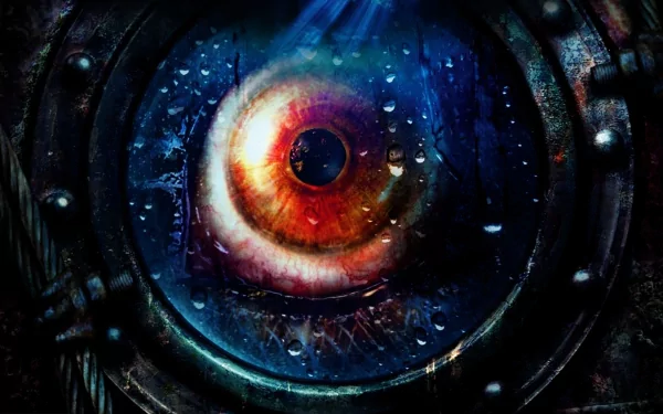 A striking HD desktop wallpaper featuring a gothic fantasy eye, inspired by the eerie atmosphere of Resident Evil: Revelations, with vibrant colors and dramatic lighting.